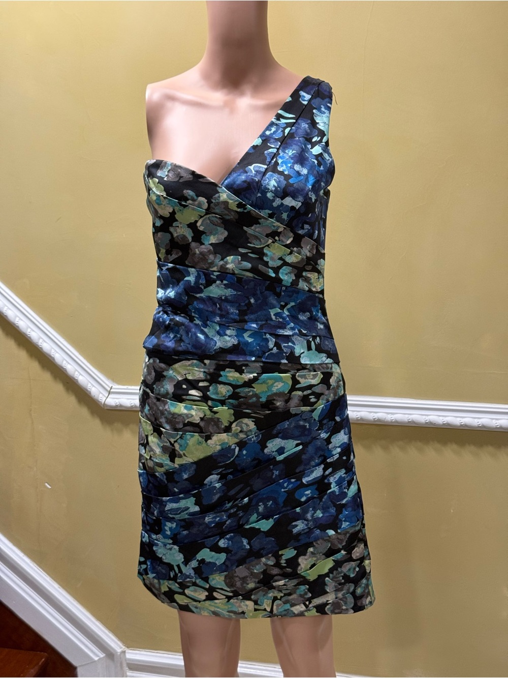 PAIGE One-Shoulder Blue and Green Floral Sheath Dress